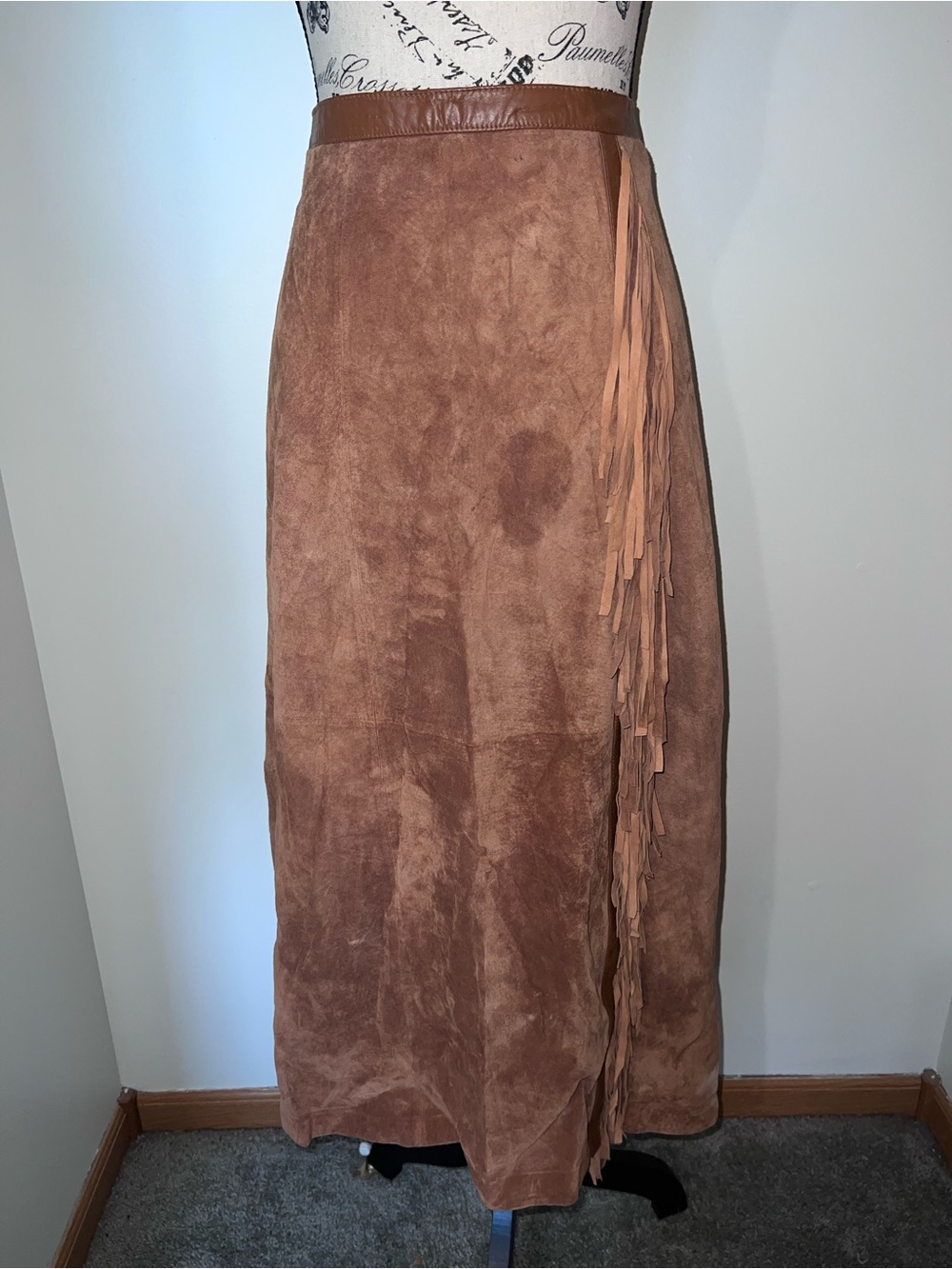 VTG Linea Louis Dell'Olio 100% Suede Fringe Maxi Skirt Cognac Leather Trim M